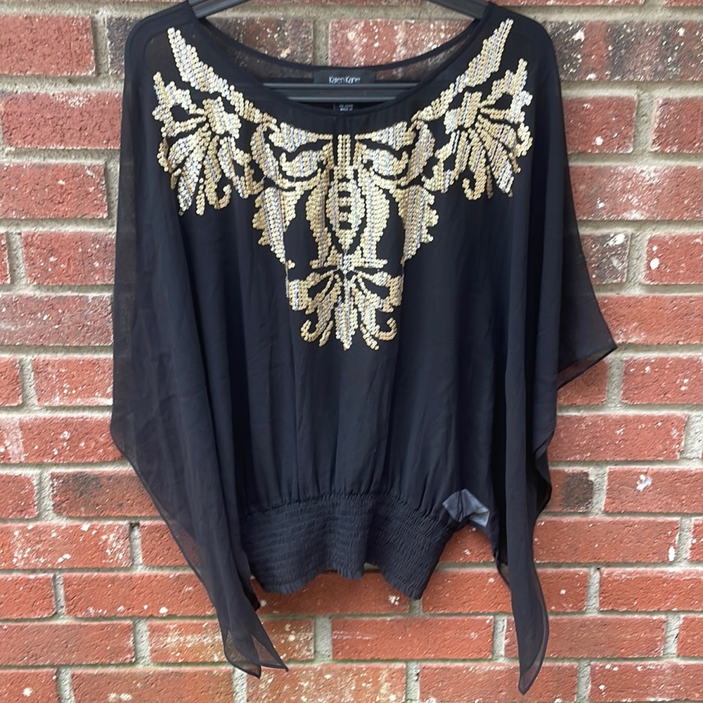 Karen Kane Black Blouse with Gold and Silver Sequin Embellishment
